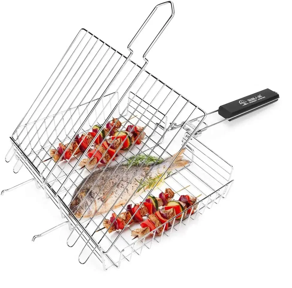 Non Stick Bbq Basket Net Grill Barbecue Holder Wired Sausage Grill Net Metal Clip Bbq Wire Mesh Grill Rack With Wooden Handle