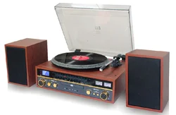 Turntable with CD/MP3VU Meter, BT Receiver, Analog FM radio, USB recording & 2 x 9W wooden speaker