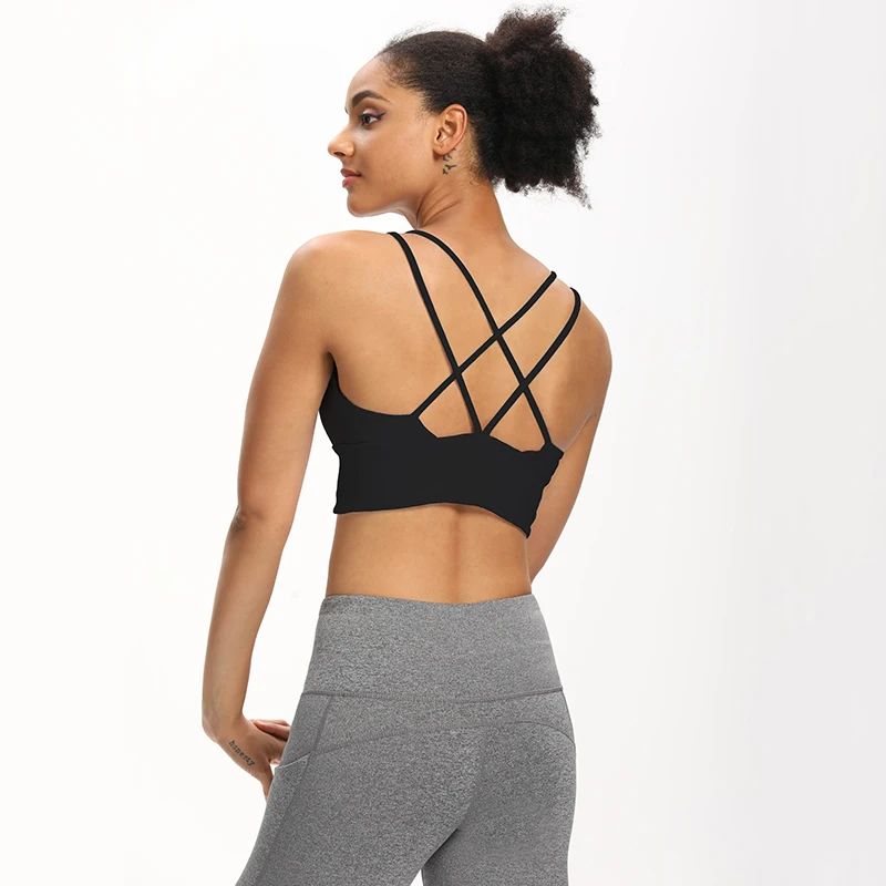 
The fine quality strappy across back plus size push up ladies sports bra custom logo 2021 