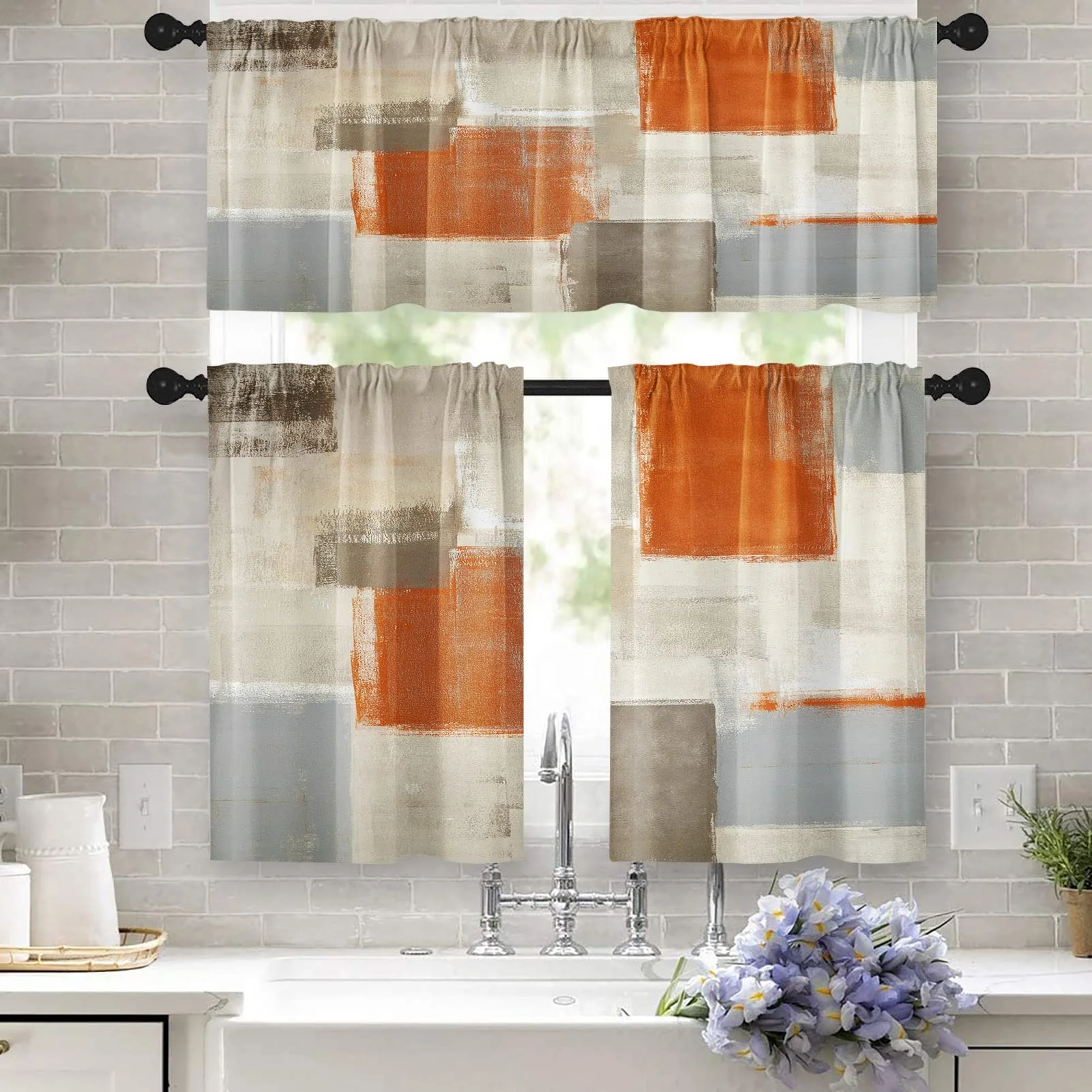 Modern Painting Short Abstract Art Orange Kitchen Curtains Valance And Tiers 3 Pieces Set