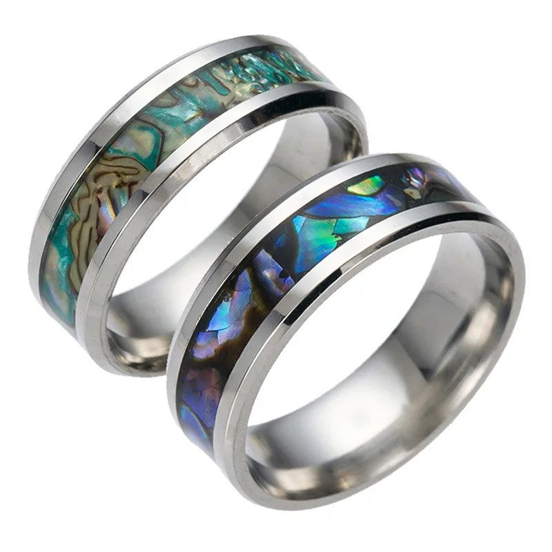 Cool 8MM Gradient Purple Colour Finger Jewelry Stainless Steel Women Men Couples Wedding Band Colorful Abalone Shell Inlay Rings