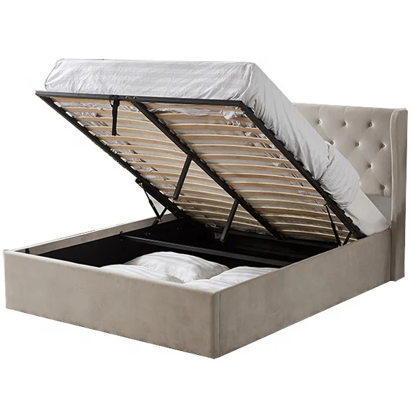 winged back wooden frame double queen king size  high quality  Handmade  ottoman gas lift leather fabric velvet storage bed