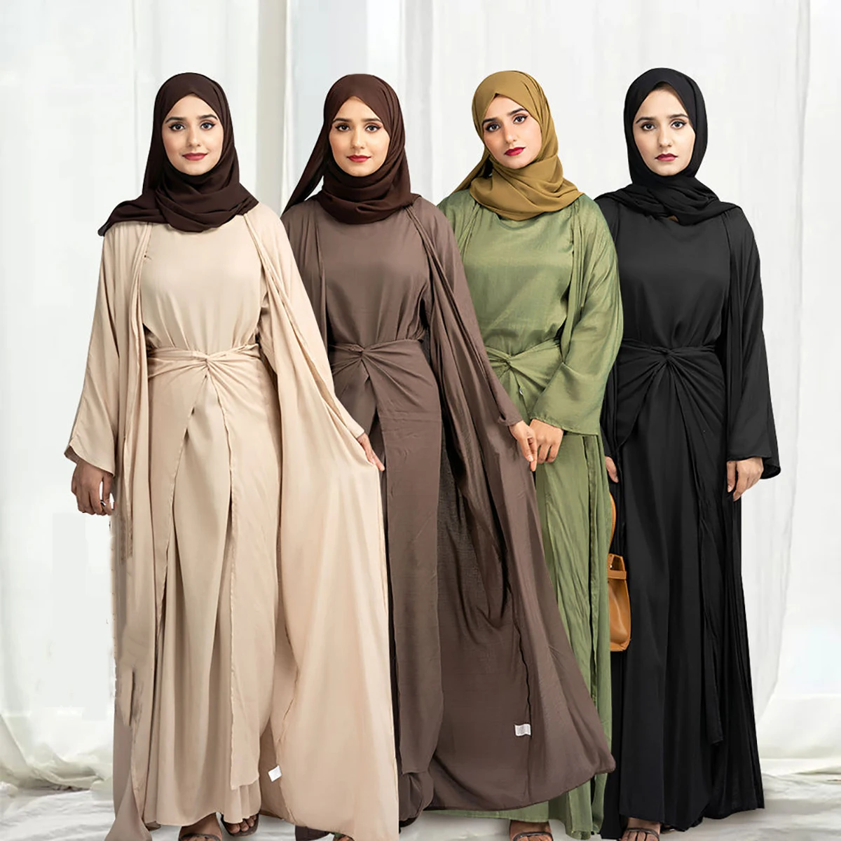 Hot Selling 3pcs/Set Muslim Woman Long Dress Plain Open Cardigan Khimar Abaya Linen Dress Clothing