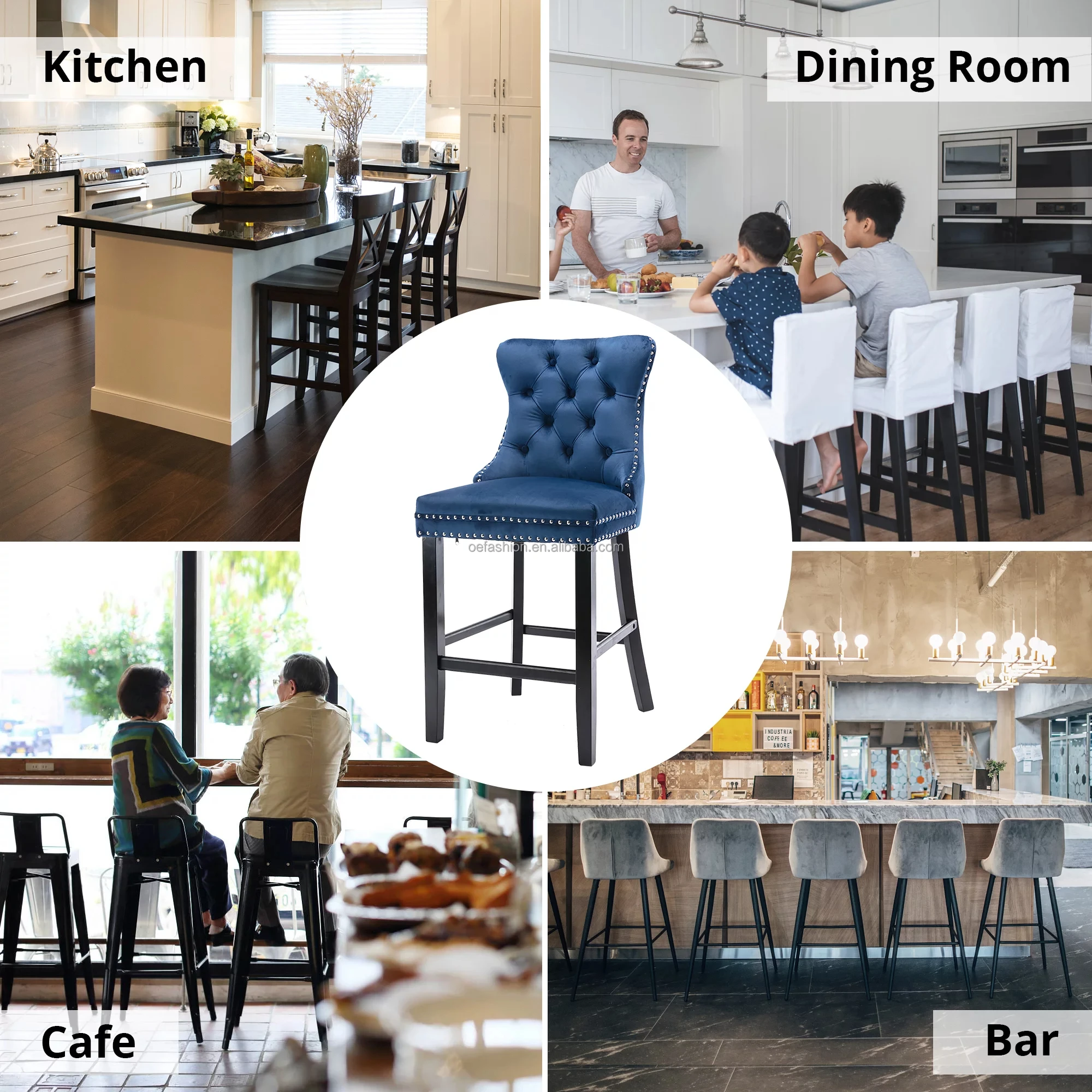 OE-FASHION Wholesale Modern Luxury Blue velvet  High Counter Height  Wooden Bar Stools For Kitchen