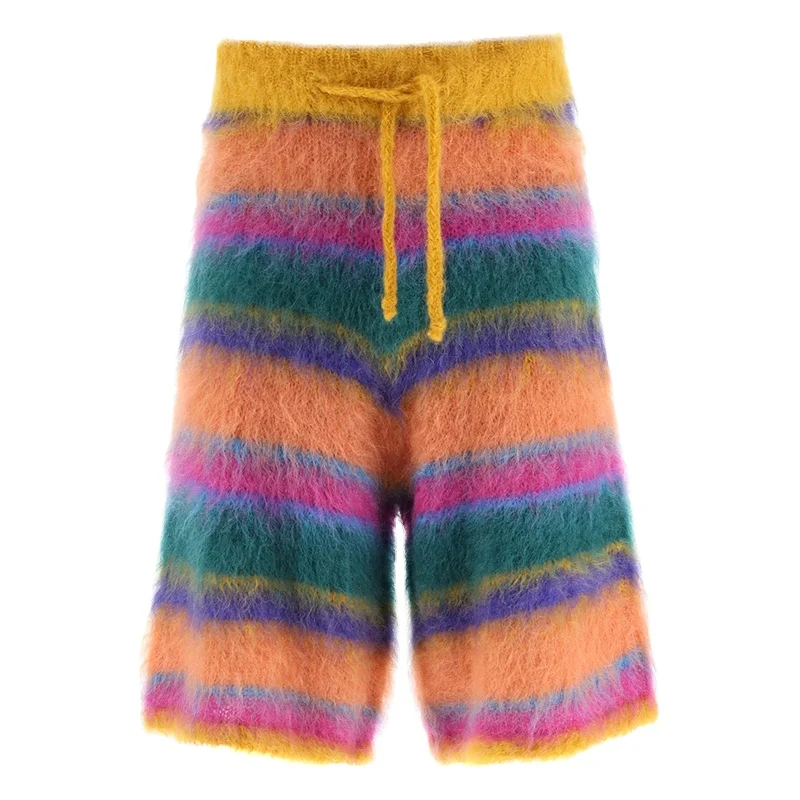 Custom OEM & ODM men knit Shorts winter Knitted Pants men knitwear Striped Mohair-Blend Drawstring sweater Shorts