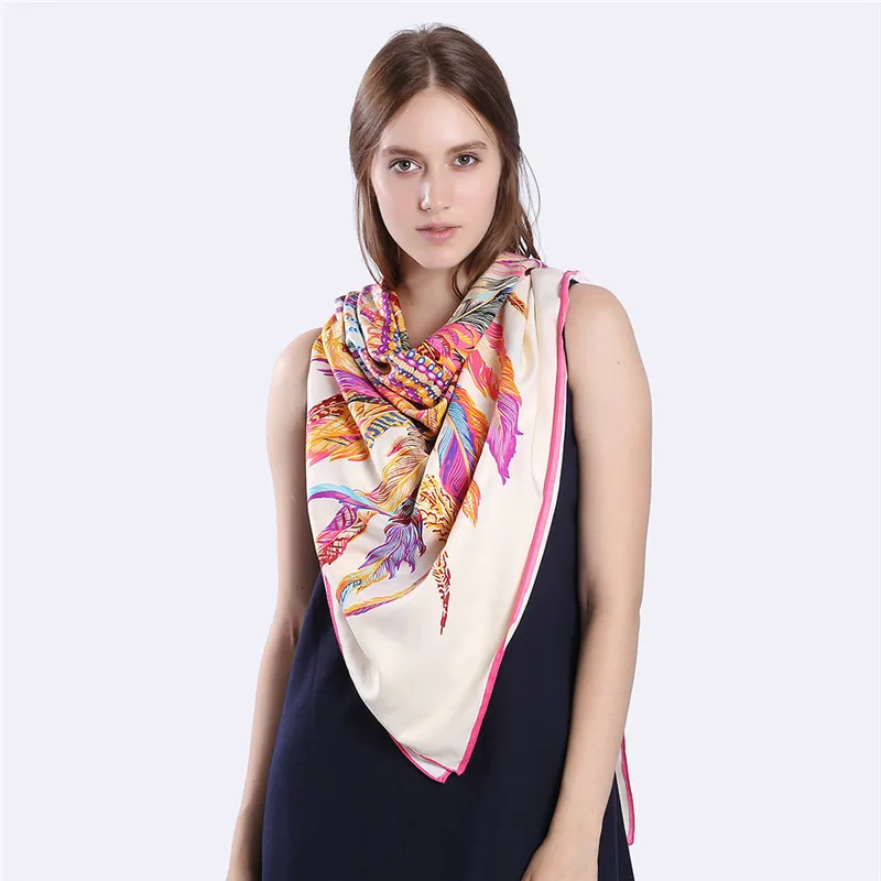 Wholesale 2020 hot sale large square female foulard 130*130cm luxury brand printed women twill silk square scarf shawl
