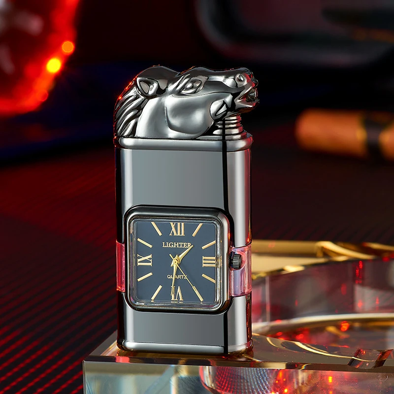 Custom Logo Dual Flame Gun Torch Lighter Creative USB Style Metal Watch with Transparent Gas Tank