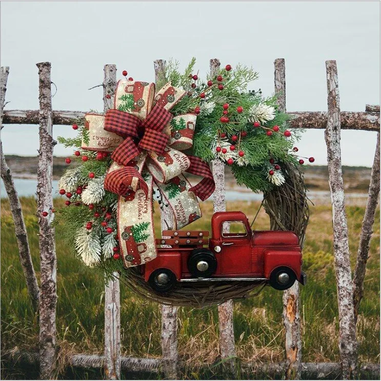 Red Truck Christmas Wreath Colourful Webbing Simulated Red Fruit Farmhouse Rustic Wreath Decoration