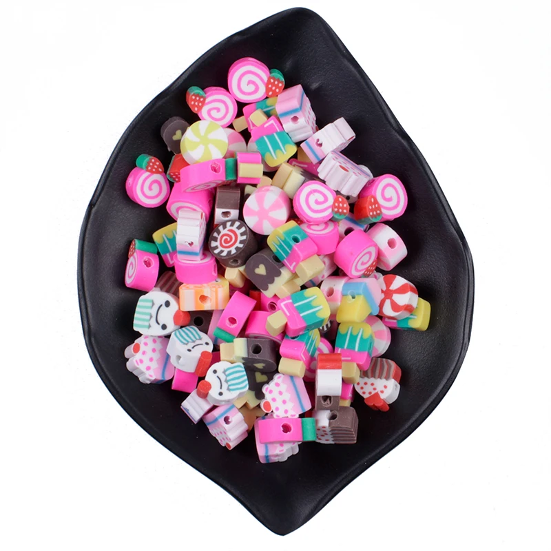 
50Pcs/Lot Fruit/Candy/Ice Cream Random Mixed Color Beads Polymer Clay Beads Polymer Clay Spacer Beads For DIY Jewelry Accesories 