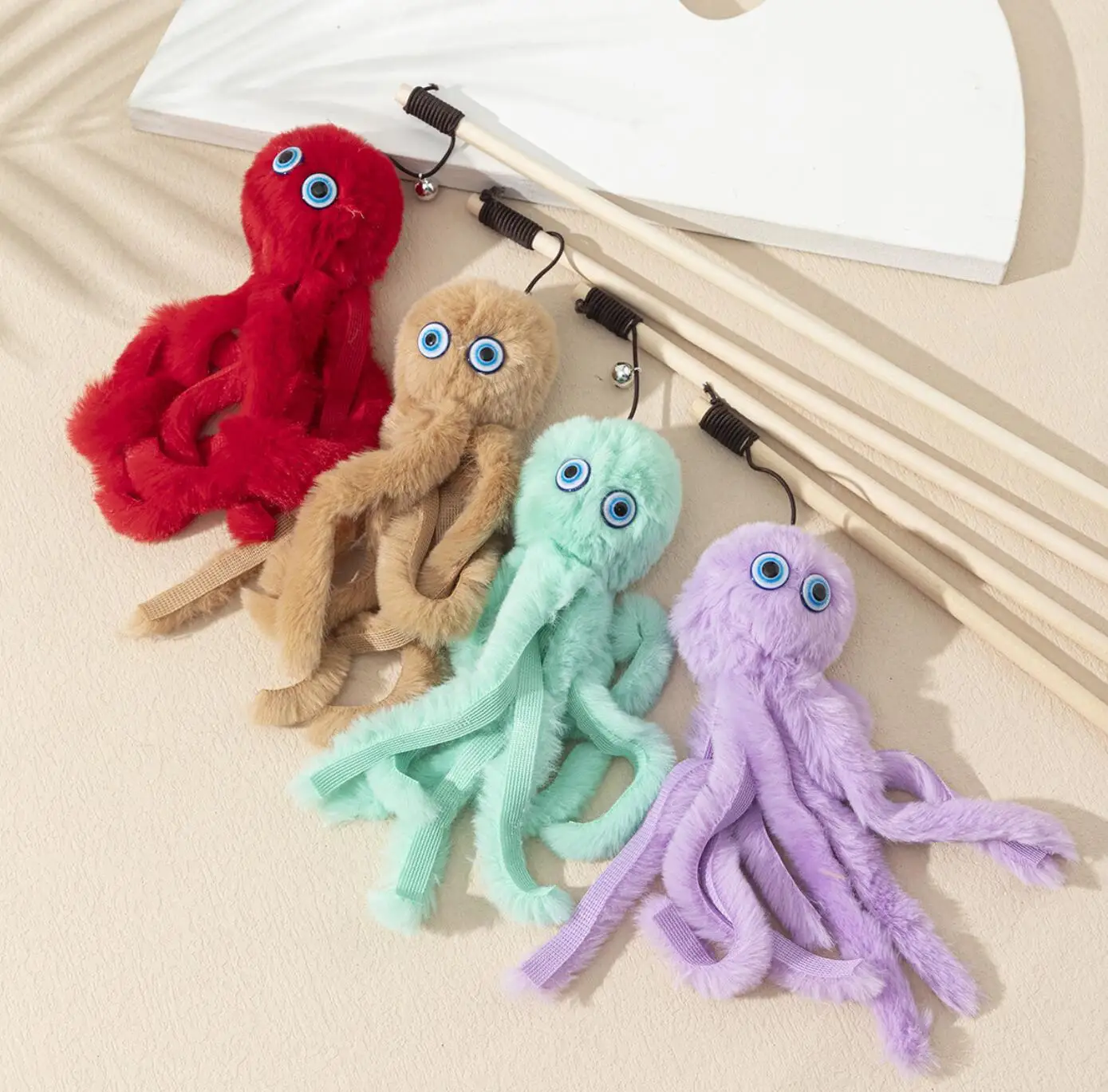 cat application wood stick high quality plush octopus colorful feather cat toy cat teaser stick toy