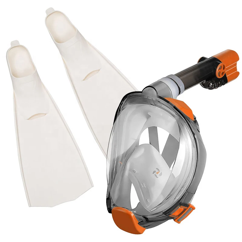 Wholesale scuba diving set dry snorkel snorkeling PP TPR fins 180 degree full face snorkeling mask Fins set with camera mount