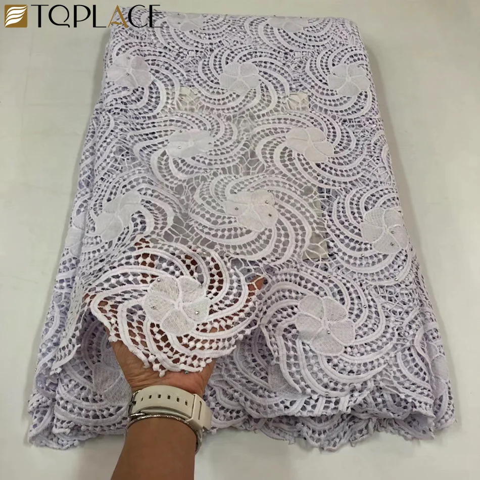 African Cord Lace With Stones With Stones Water Soluble White Color Embroidery Nigeria Guipure Lace Fabrics For Wedding Dress