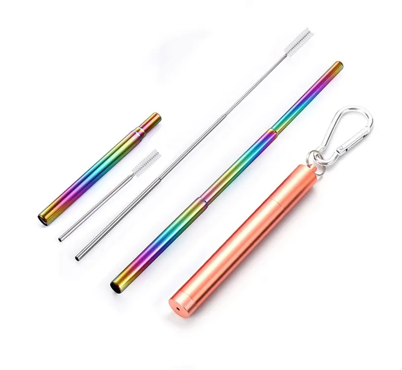 
Outdoor 9 Inch Colored Straw Reusable Collapsible Straw Metal Telescopic Straw with Case 