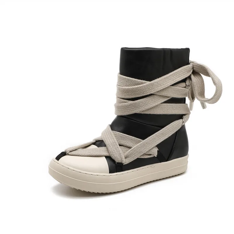 QY4125  2024 thick soled high top casual shoes trend large leather short boots personality laces five star black short boots