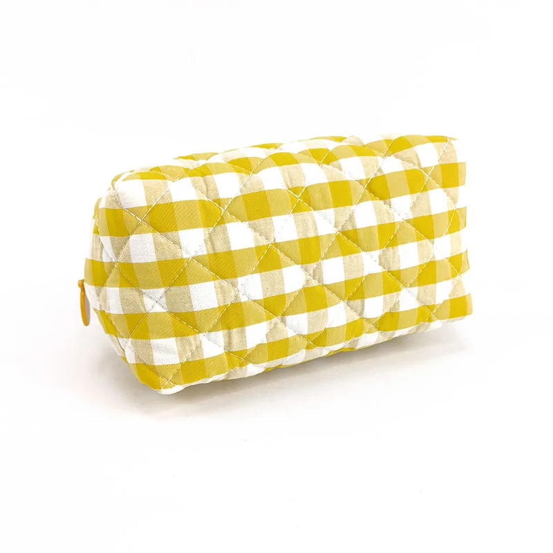 Eco-friendly travel make-up bag checked fabric rectangle cosmetic bag custom logo quilted makeup bag