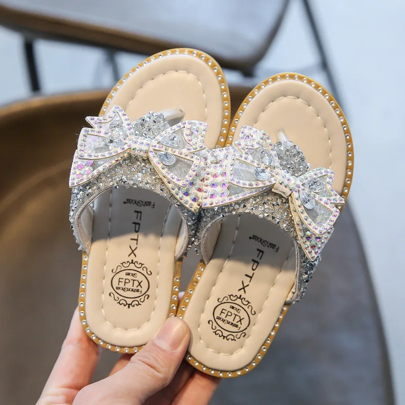  Fashion princess rhinestones sequins bow knot sandals summer outdoor girls kids non-slip flip flops