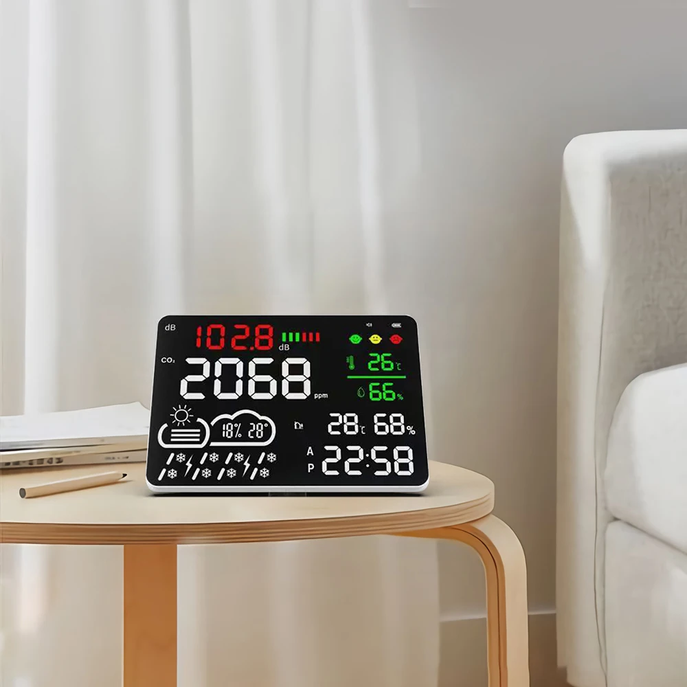 Multifunctional wall mounted carbon dioxide meter, PM2 5 monitor, gas analyzer, infrared (NDIR) sensor, large clock