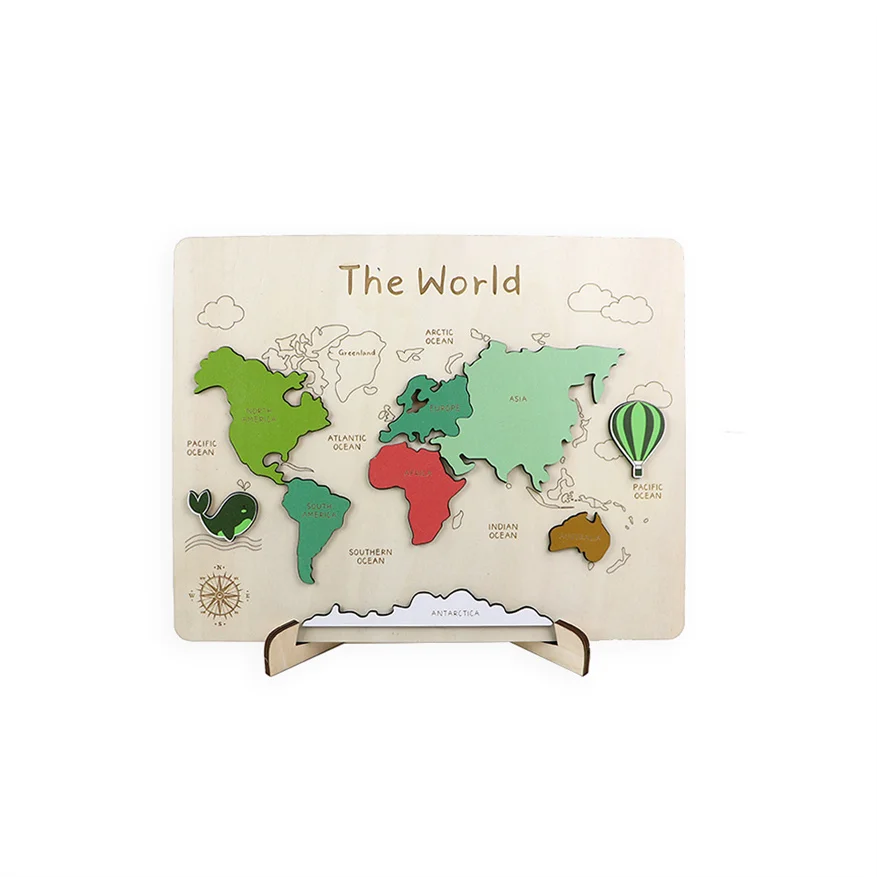 Factory Price Green Series Wooden Educational Learning Toy Kids World Map Puzzle Gift