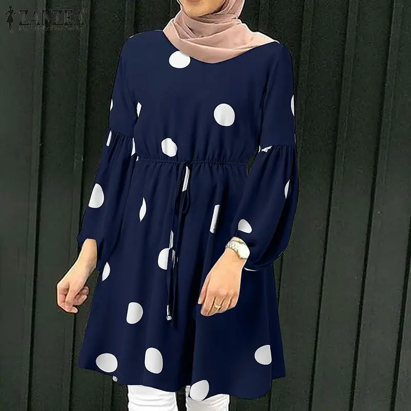 Top Crew Neck Shirt Loose Elastic Waistband Clothes Women Modest Blouses & Shirts Print Full Women Dress Casual Polyester DOT
