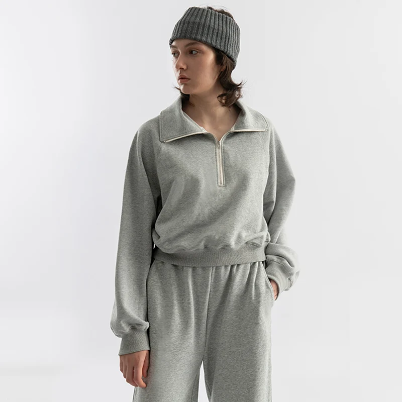 Оптовая продажа, женская спортивная одежда, свитшот на молнии с длинным рукавом, серый спортивный свитшот большого размера, мягкая толстовка