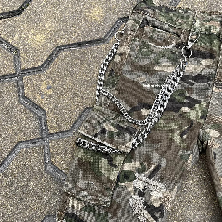 HG Factory Products Denim Camo Fabric Big Size Boys Shorts With Chains Colorful Paints Boy Shorts For 1-14 Years Old