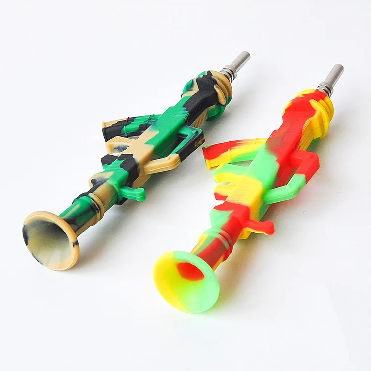 Gun shape AK47 smoking pipe Wax oil Silicone Nectar Collector with14mm Stainless Steel