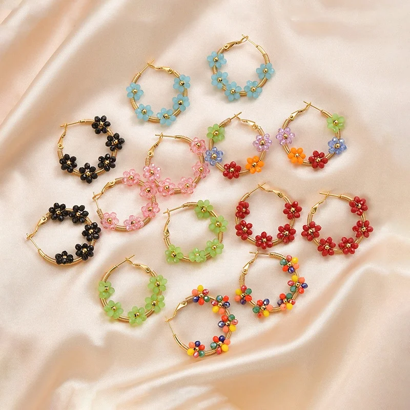 Fashion Jewelry Colorful Beaded Glass Crystal Seed Bead Earrings Stainless Steel Gold Plated Flower Hoop Earrings