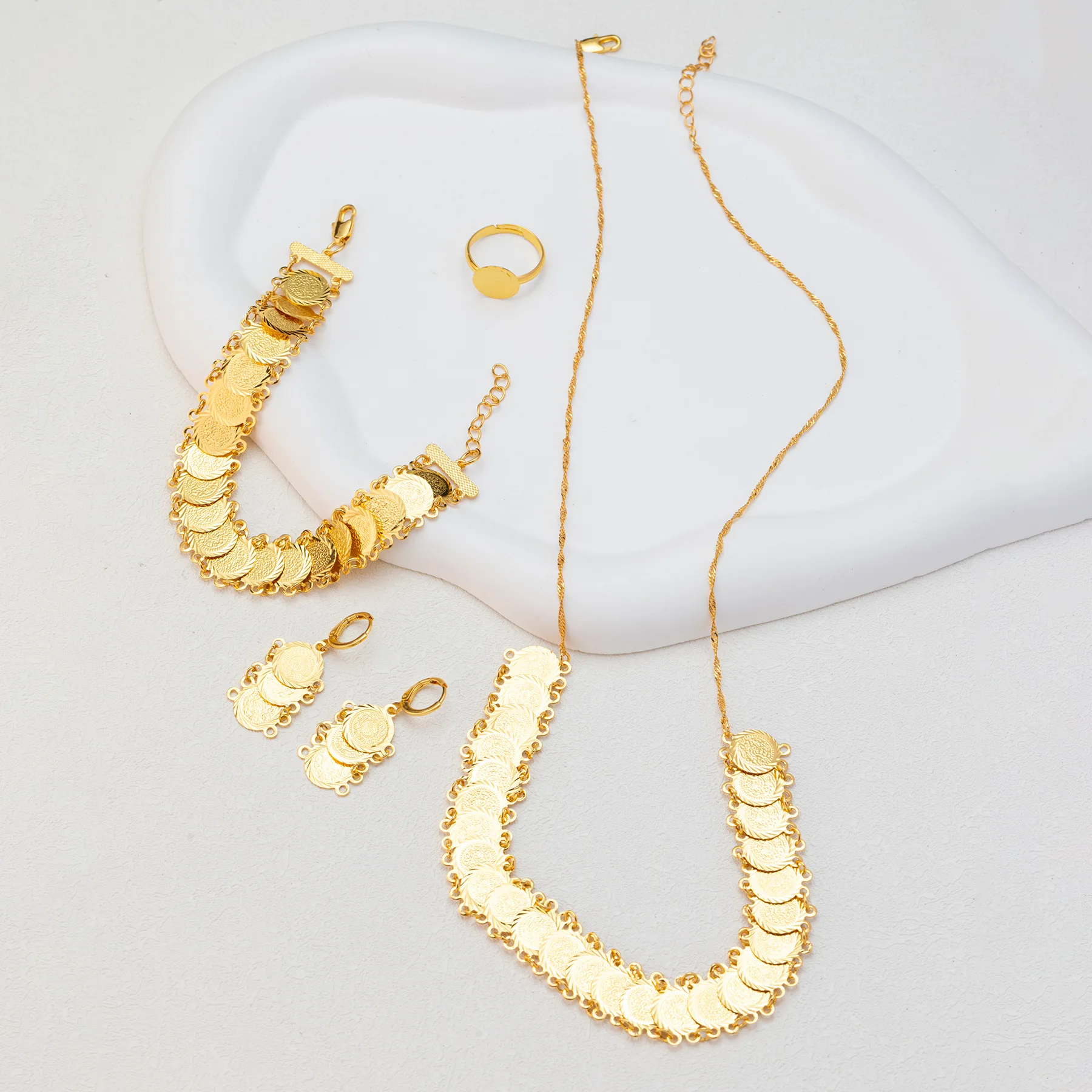 wholesale luxury 4 pcs jewelry sets Brass Plated Real Gold vintage Arabic Coin Necklace Earring Bracelet Ring Set women jewelry