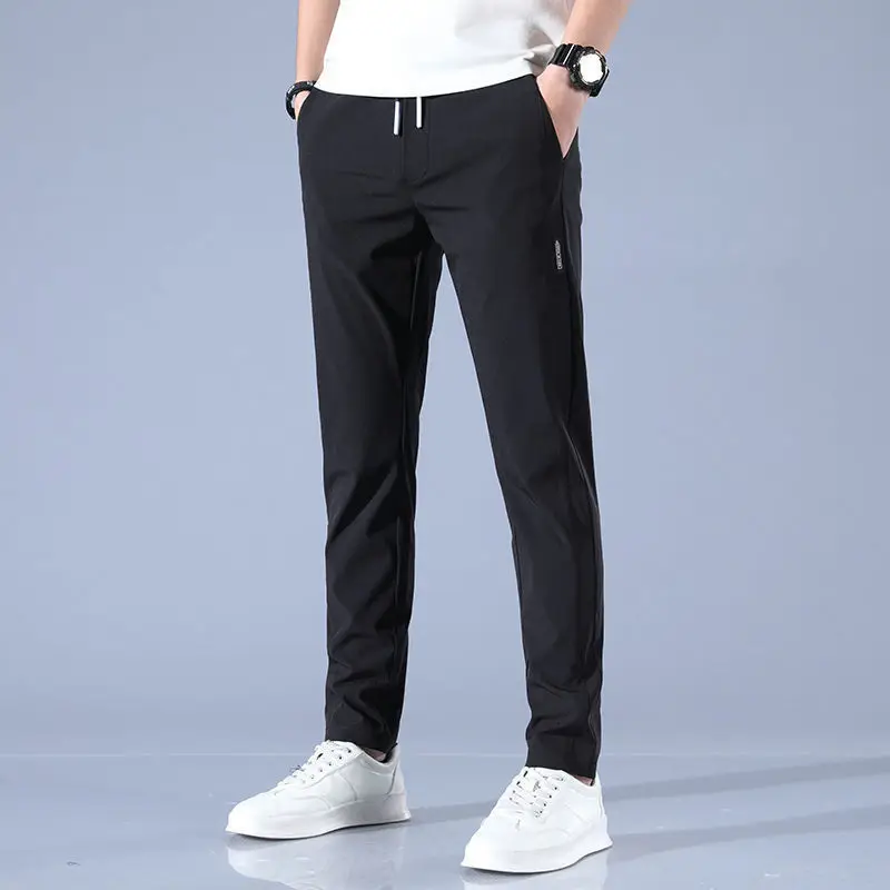 Men Fast Dry Stretch Pants Ice Silk Trousers Solid Color Mid-Waist Loose Breathable Straight-Leg Casual Pants Thin Sports Pants