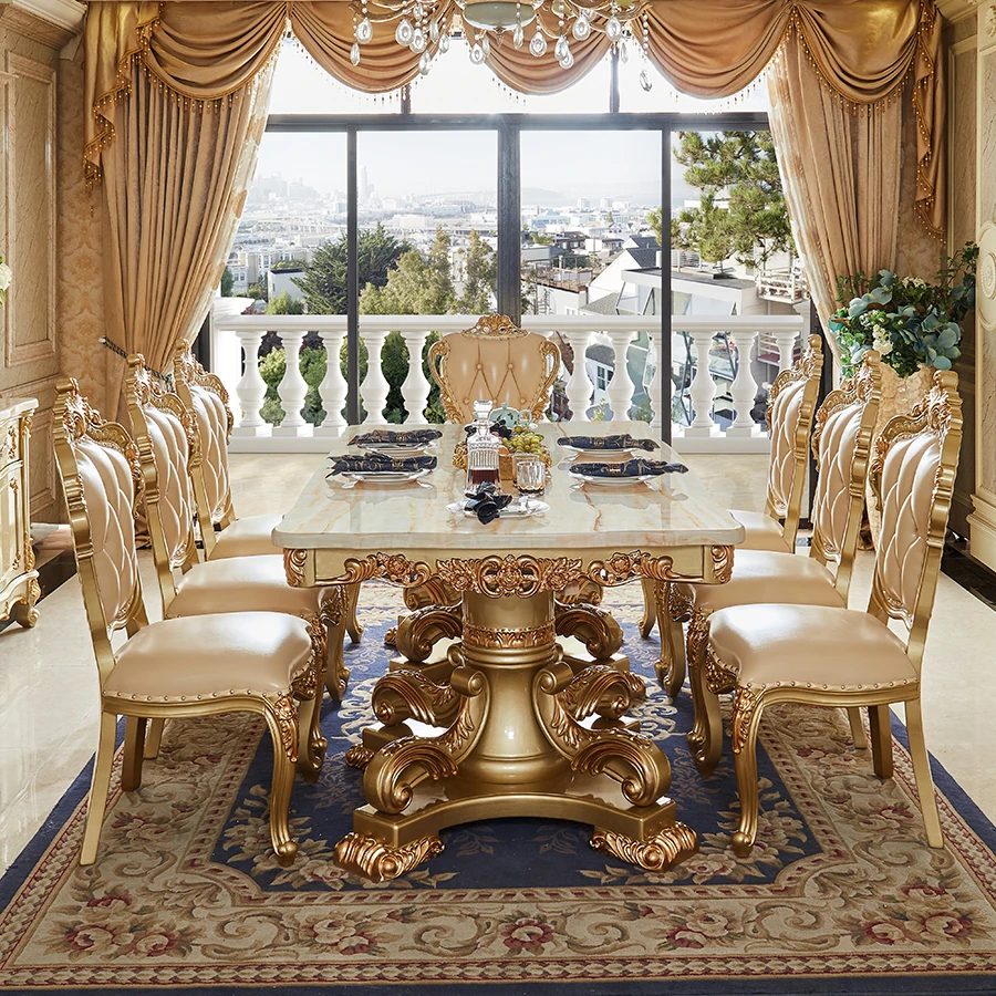 Европейская вилла высококачественный ресторанный обеденный стол из цельного дерева с резьбой под золото и мрамор 6 мест