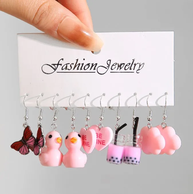 New Cartoon Cute Butterfly White Cloud Candy Duck Cow Mushroom Colorful Girls Jewelry Earrings Pendant Set