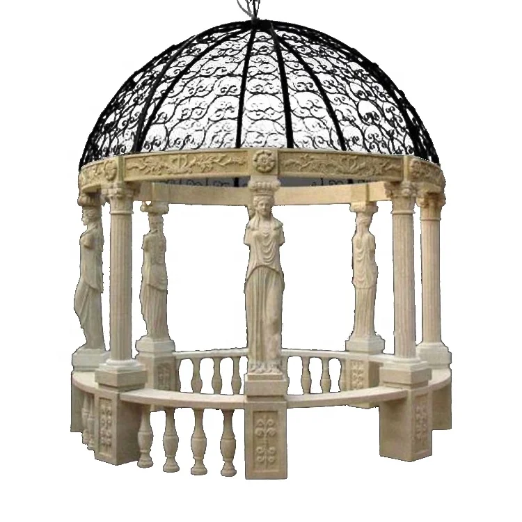 Garden decor new design marble gazebo with statues stone pergola gazebo with roman female sculpture