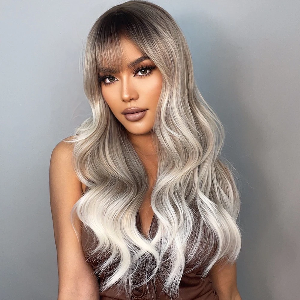 Wholesale Brown Gradient Gray White Synthetic Heat Resistant Wigs Depuy Synthes Wigs With Bangs