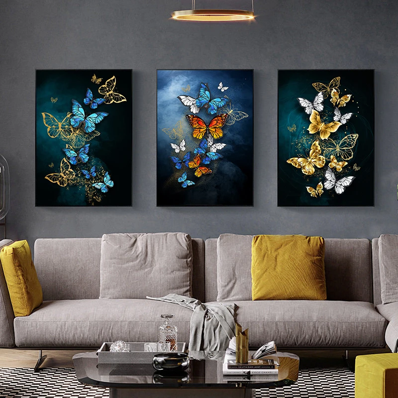 Абстрактная Золотая темно-синяя бабочка роскошное настенное искусство натюрморт Картина на холсте для домашнего декора Декор