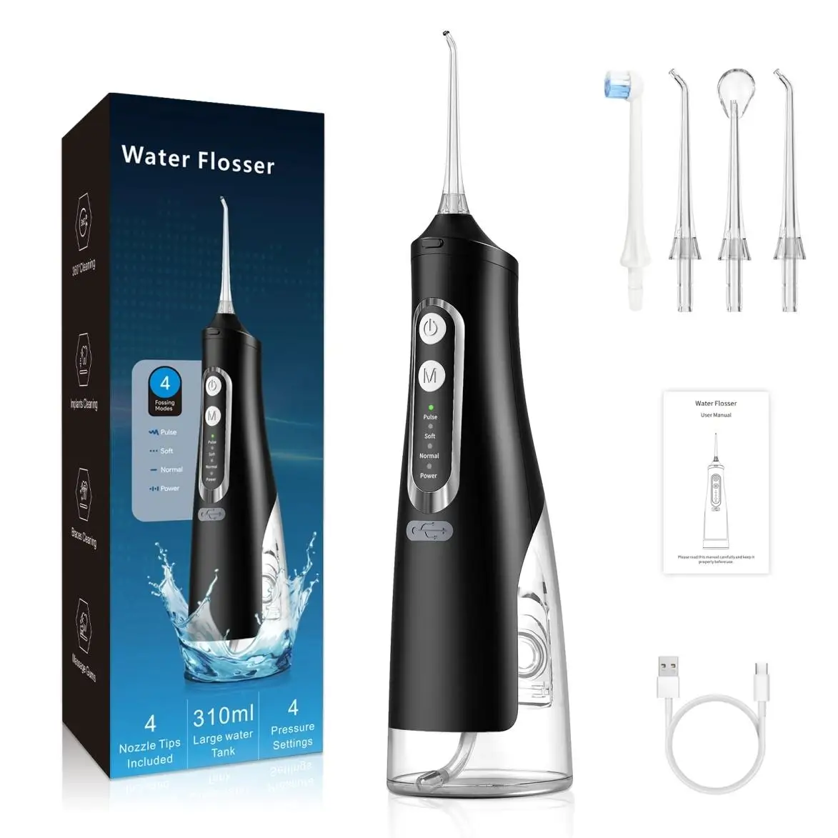 Model M209 360 degrees nozzle rotation mute Water Flosser Four memory modes Type-c hidden charging port IPX7 waterproof
