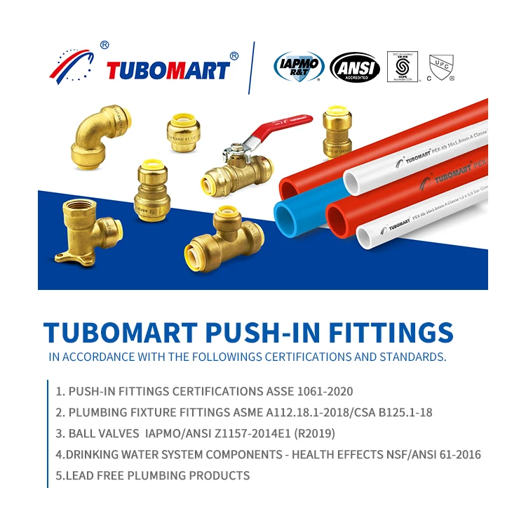 Tubomart plumbing lead free brass Quick Connector shark bites Push-in valve for PEX and PEX-AL-PEX pipe