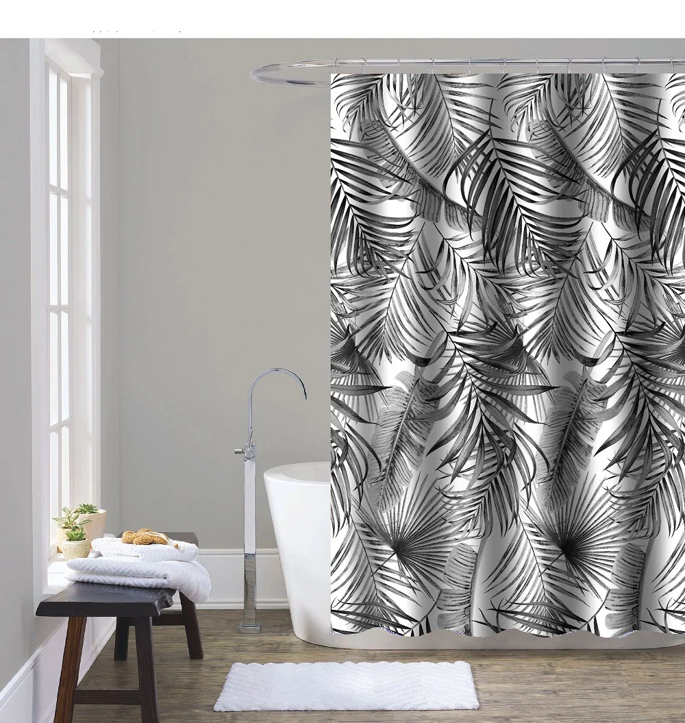 Tropical Leaves Black And White Minimalistic Summer Design Shower Curtain