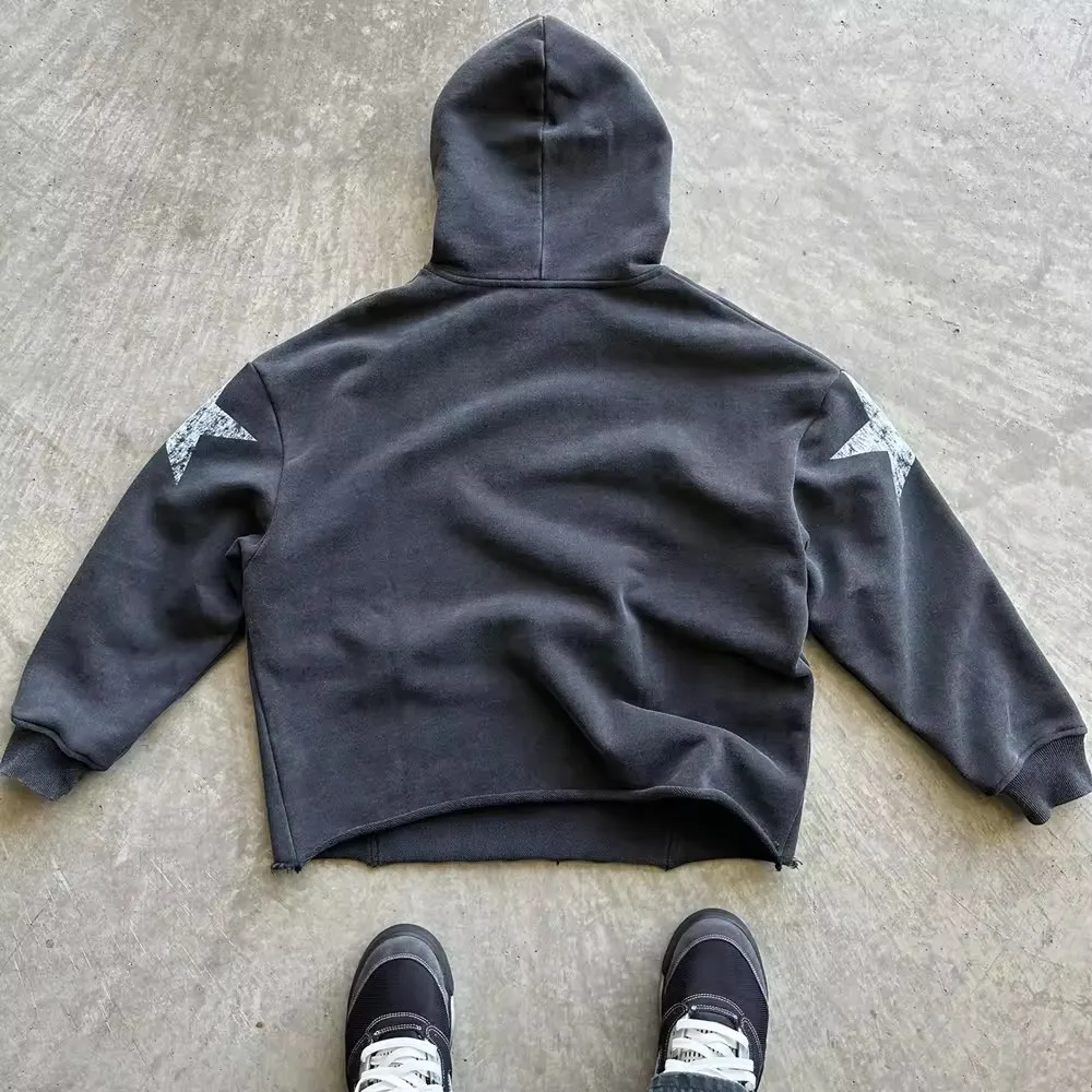 Custom cut edge heavyweight cotton terry 420gsm acid washed pullover hoodies no hem thick dtg screen print cropped hoodie men