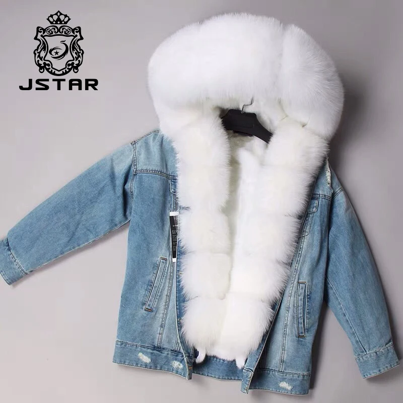 Fox fur Collar Hood with Real Rex Rabbit denim fur coat fox fur denim jackets womens denim jacket coat