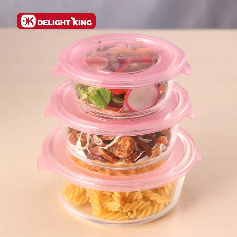 High borosilicate round glass food container set with plastic lid BPA free eco-friendly food storage packaging containers
