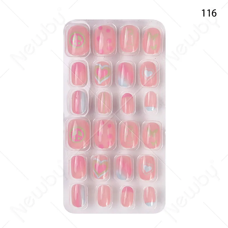 High Quality Bling Girl False Nail Press On Nails For Kids Short Square Shaped Pink Children Artificial Nails With Glue