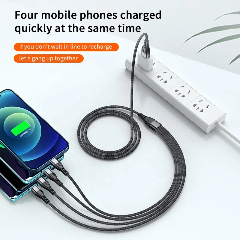 For Type-c/micro/iphone 4in1 Multi USB Charging Cable Nylon Braided Universal 6A Fast Charging Cable Mobile Phone Standard FMC
