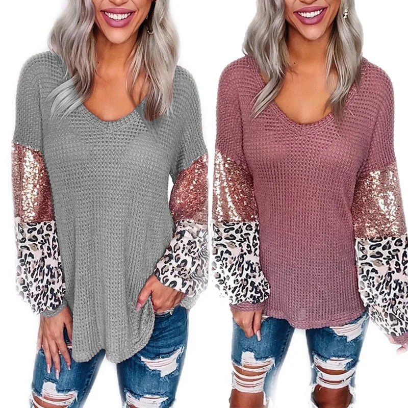 
Wholesale Monogram 2021 Waffle Patchwork Sequin Sleeve Ladies Top,Sequin Leopard Sleeve Women Sweater 