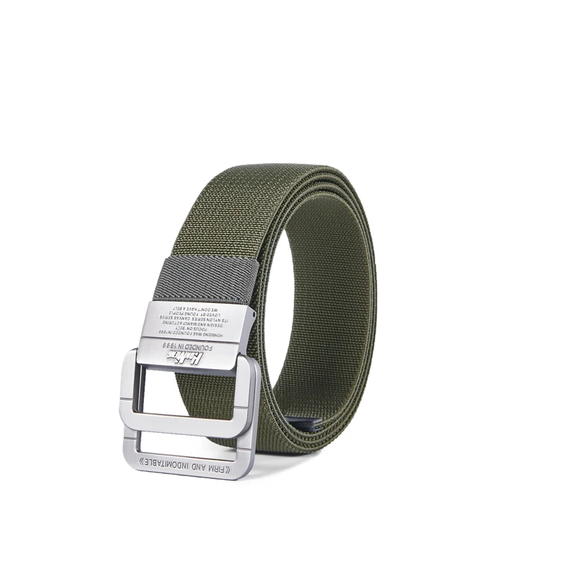 Double Loop Metal Buckle Green Fabric Nylon Men Belt Tactical Outdoor Elastic Waist Belt