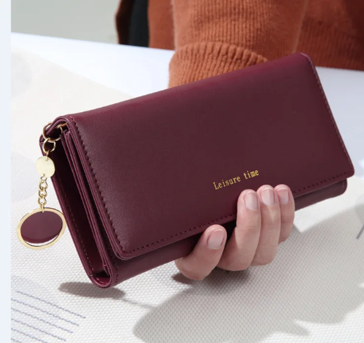 Factory wholesale luxury woman leather wallet minimalist pure color anti-theft brush hanging card bag