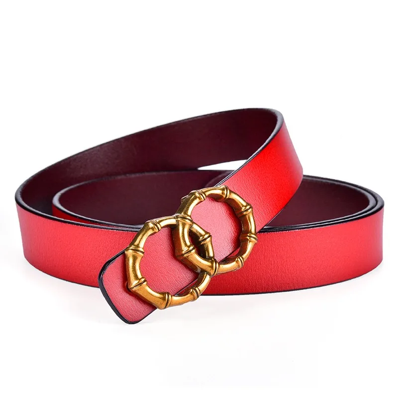 Wholesale Custom Factory Directly Genuine Leather Belts Bamboo Shaped Smooth Gold Buckle Belts For Women