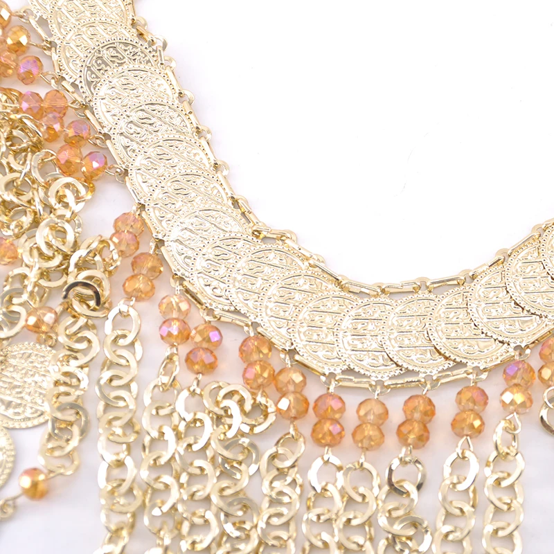 Classic Arabic character coin necklace with gold zinc alloy made for ladies custom champagne bead jewelry