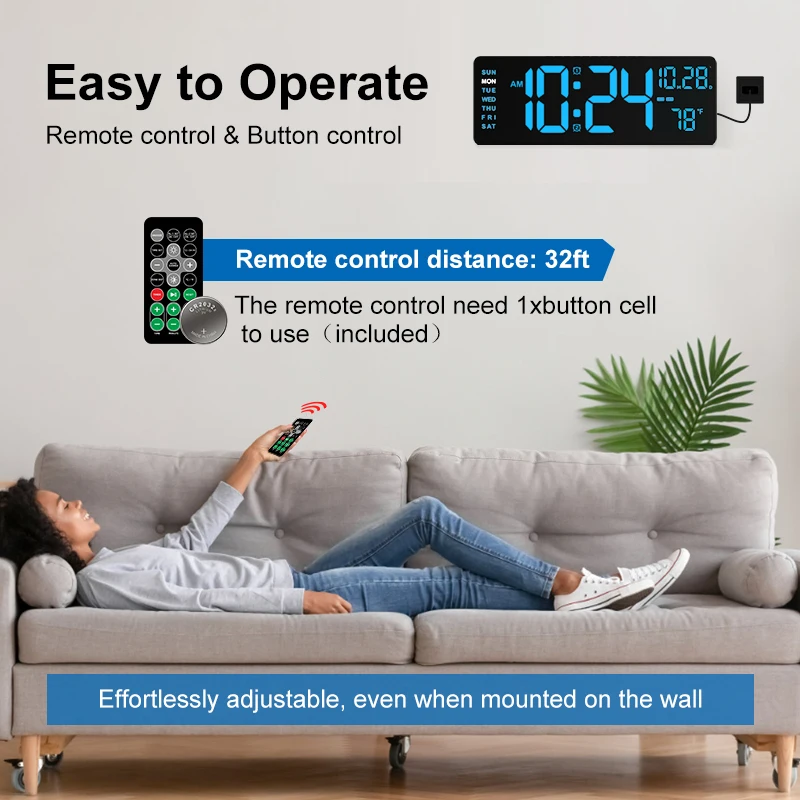 Large Wall Electrical Clock Calendar Day Digital Green Lede Wall Clock Temperature with Remote Control Alarm Clock