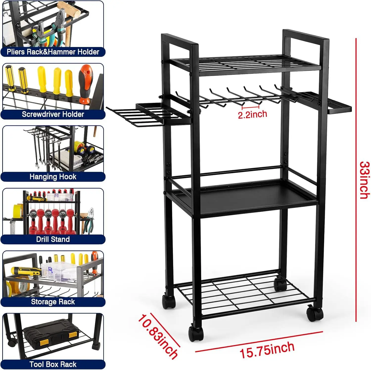 Wholesale Versatile Black Metal Garden Tool Organizer Rack Garage Tool Holder with Hooks and Wheels Wholesale Storage Rack