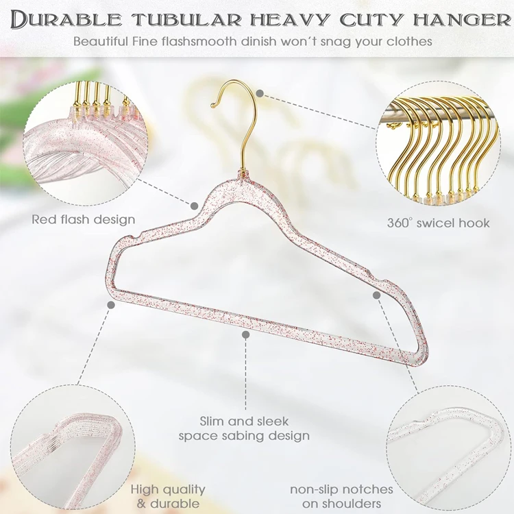 New Arrival Travel  Non Slip Popular Transparent Glitter Powder Environment-friendly Plastic Clothes Hangers